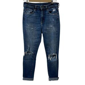 & Denim Skinny High Waist Jeans Ripped Distressed Knee Cuff Hem Blue Womens 28